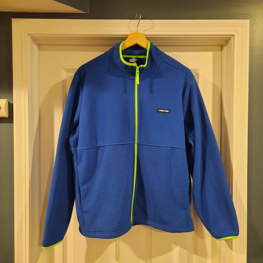 Lands End Jacket Mens XL Blue Neon Grid Fleece 1/4 Pullover Sweater Hiking Ski‎